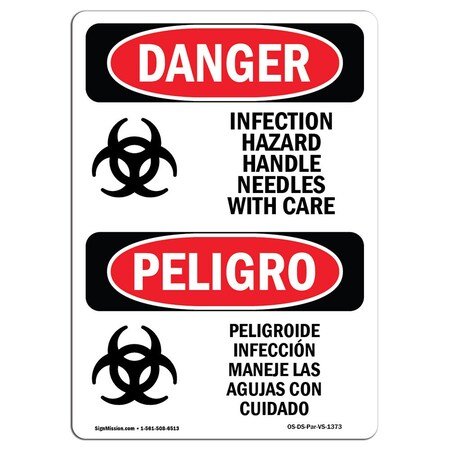 Signmission Safety Sign, OSHA Danger, 18" Height, Aluminum, Infection Hazard Handle Needles Spanish OS-DS-A-1218-VS-1373